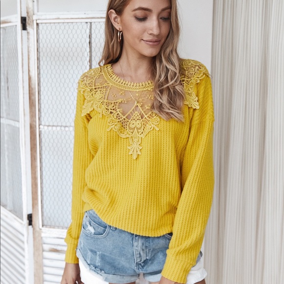 🔥🆕Lace Neckline Long Sleeve Top Yellow - Picture 7 of 7